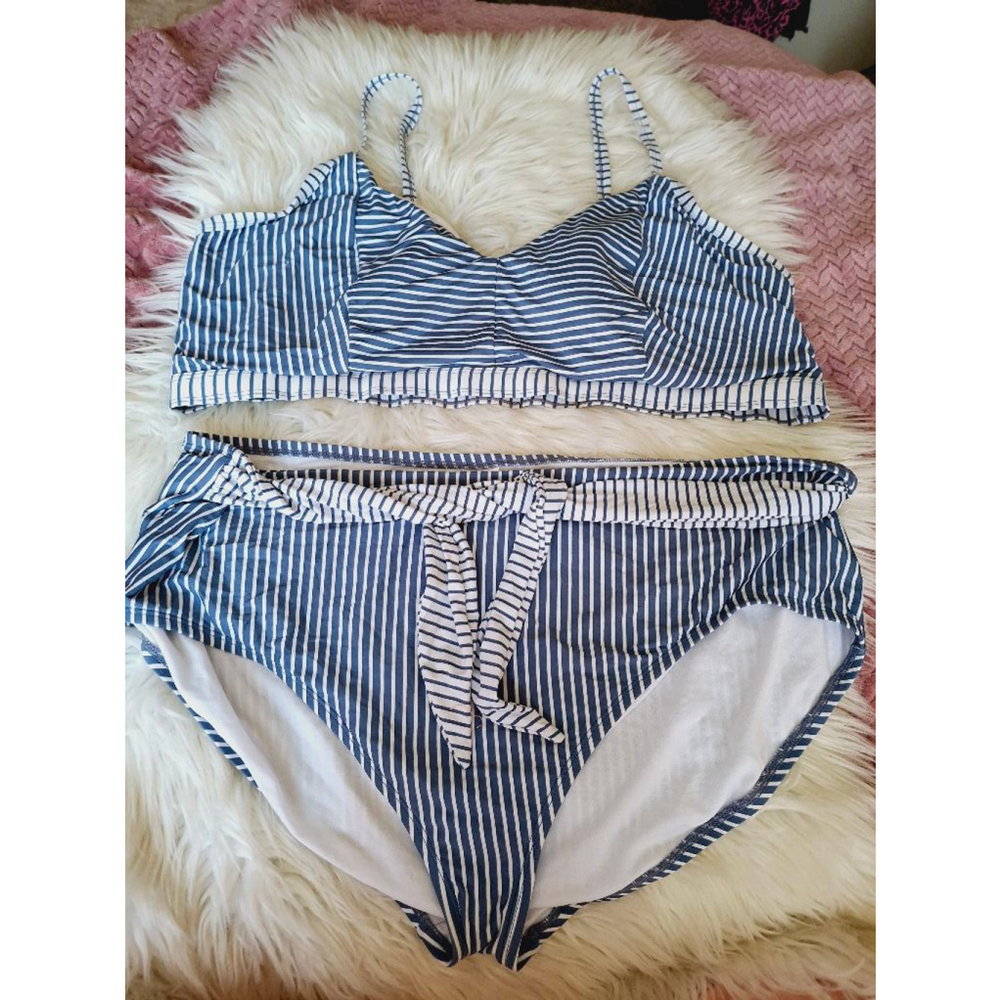 Women's Time and Tru Blue & White Striped Bikini 3X